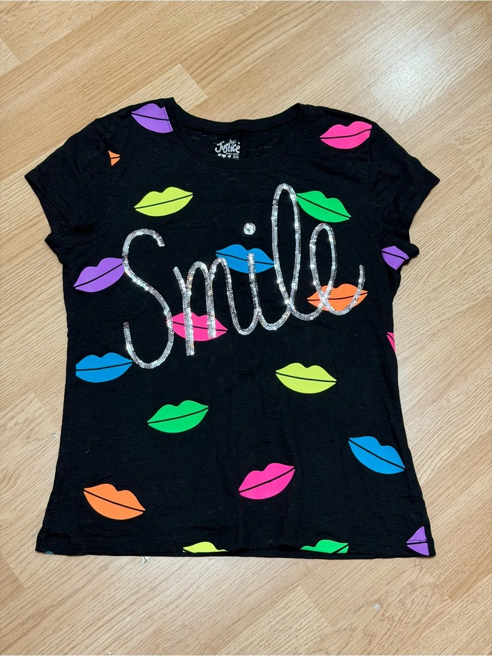 Justice Girls Size 20 Black Neon Lips Sequin Smile Graphic Short Sleeve Tee